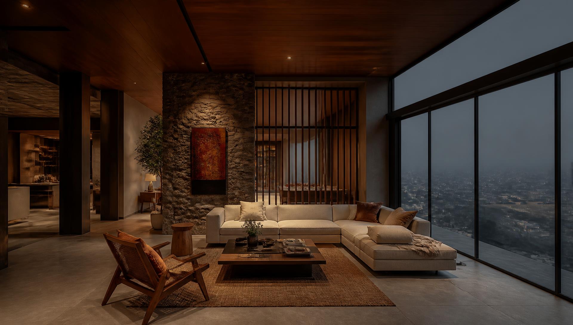 A calm, warm modern living room in early morning light with the Icaria unit installed discreetly